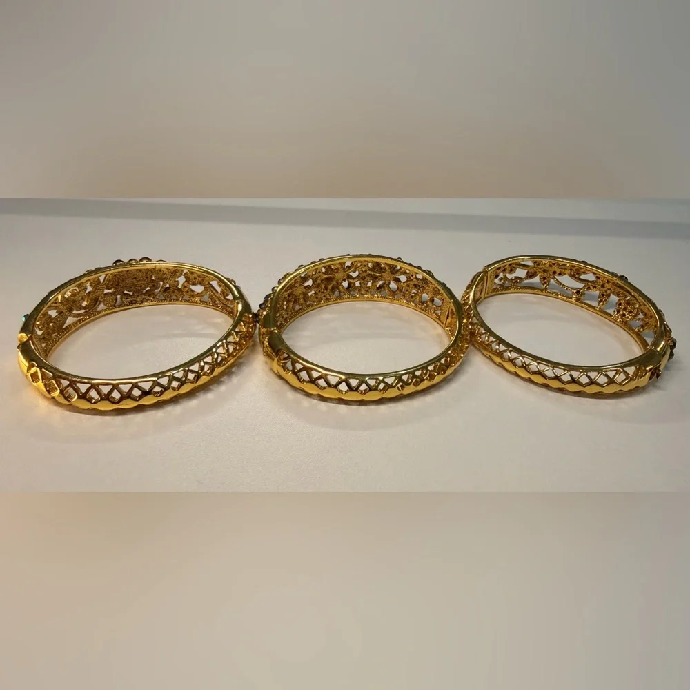 Gold Rhinestone Floral Stackable Multicolor Statement Bangle Bracelet Set